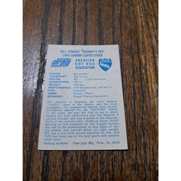 1971 Bill Jenkin Grumpys Toy 1969 Camaro Super Stock AHRA Fleer Drag Champs Card - Picture 2 of 2